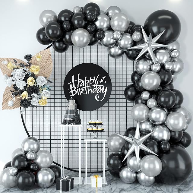 Black Silver Balloons Garland Kit, Black Silver Balloons Arch Kit With Black and Metallic Silver Latex Balloons, Black Silver Balloons Arch for Birthday Wedding Anniversary Party Supplies