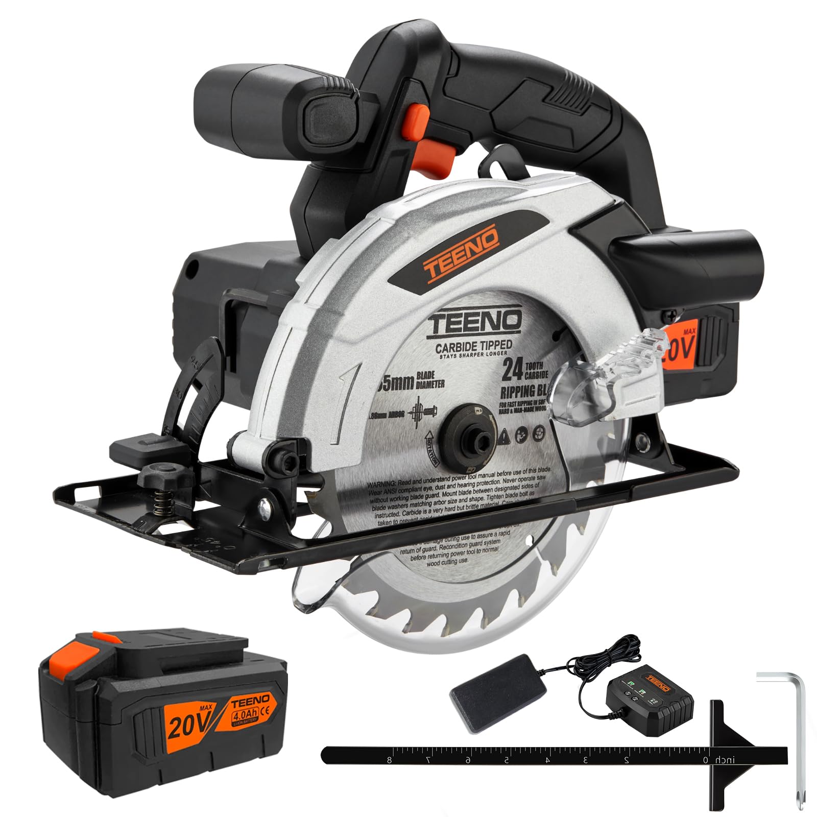 Cordless Circular Saw with 4.0Ah Lithium-Ion Battery TEENO,4000RPM Electric Circular Saw with Electric Brake,Adjustable Cutting Depth and Angle,Max38mm (45°),54mm (90°) (Two Batteries)