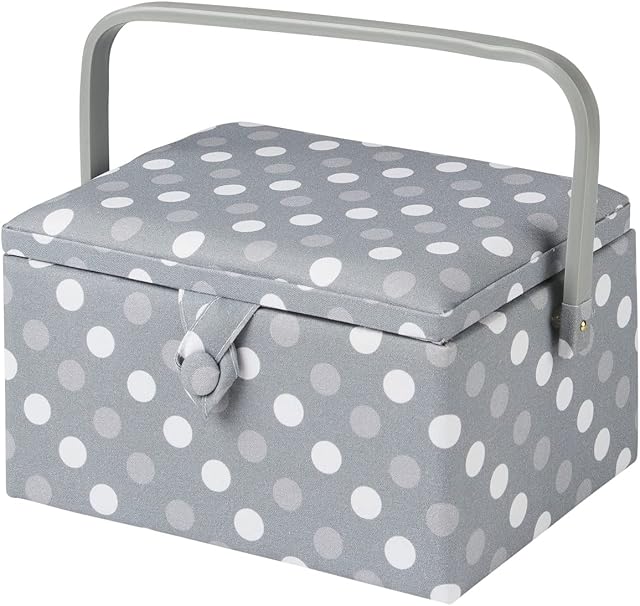 Sewing Online Medium Sewing Box,Grey Spot Fabric | 26 x 18 x 15cm | Storage and Organiser Basket with Compartments for Sewing Supplies,Accessories,Thread,Needles,and Scissors - GA1129M
