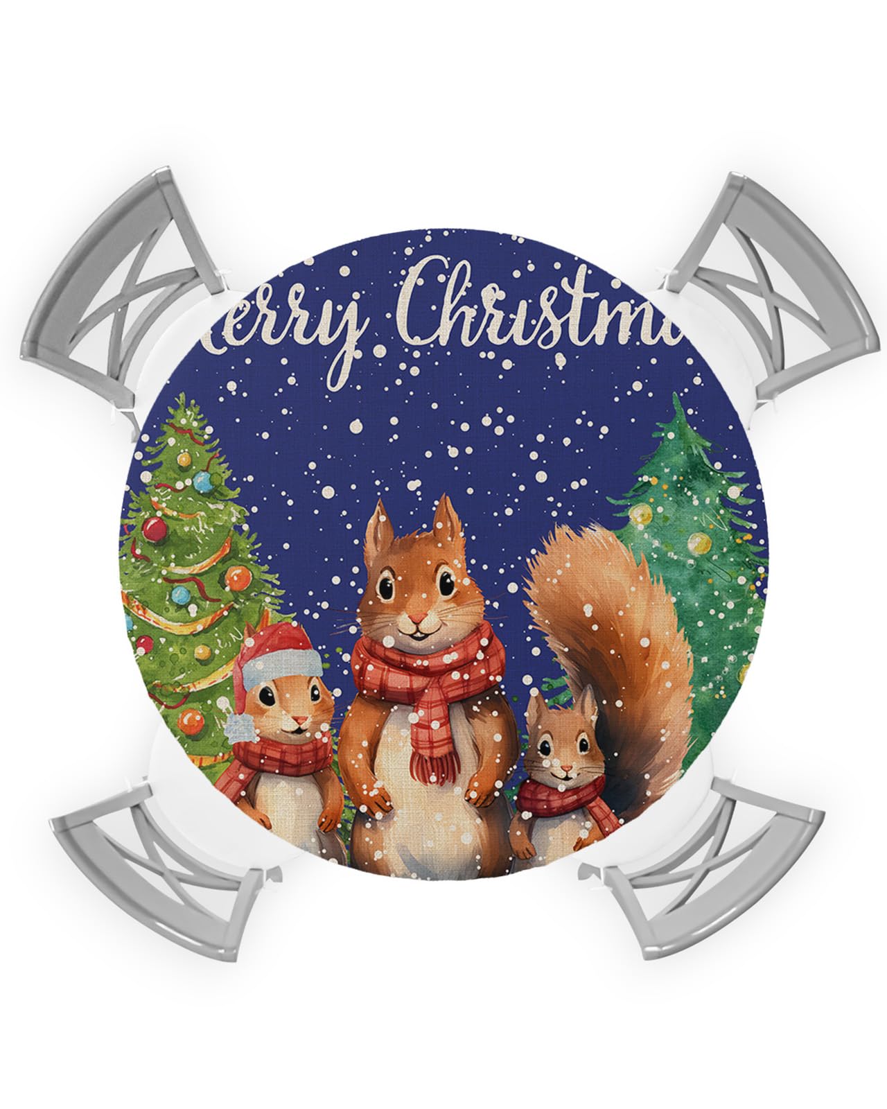 Xmas Squirrel Round Waterproof Table Cover Fitted Tablecloth, Wipeable Fabric Elastic Table Cloth Oil-Proof Tablecover for Indoor Outdoor Picnic Party, Christmas Pine Tree Vintage Blue 36