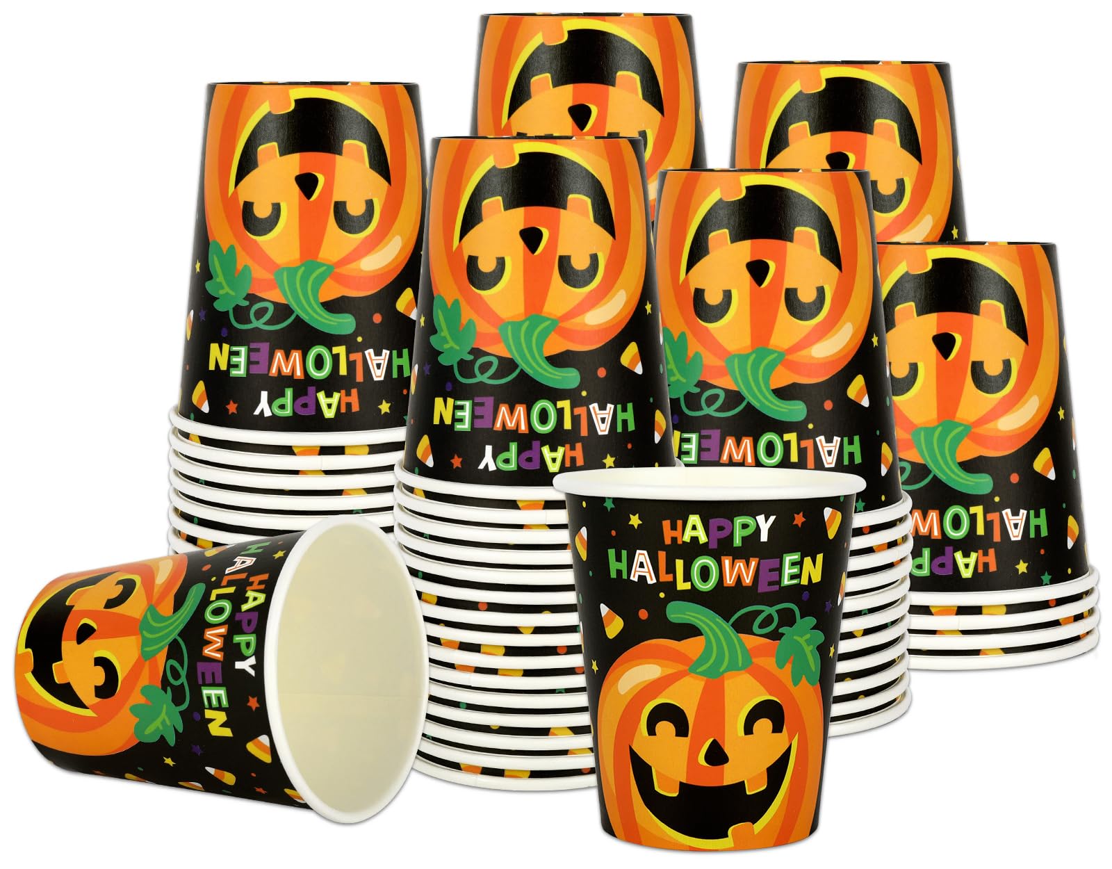 AnyDesign 100Pcs Halloween Disposable Cups Cute Pumpkin Expression Candy Corn Paper Cups Funny Cartoon Party Cups for Juice Coffee Hot Cold Drink Halloween Party Supplies Table Decoration, 9oz