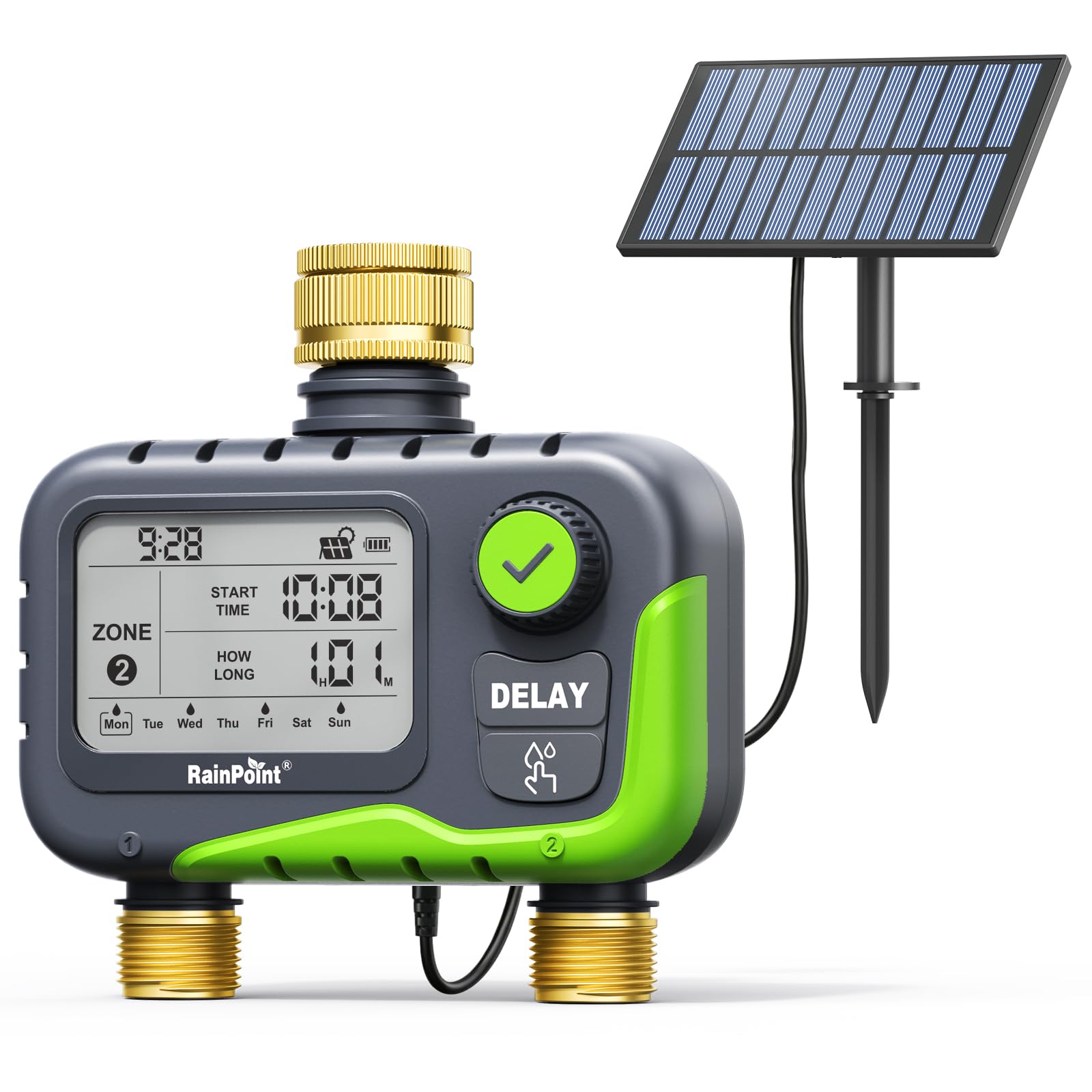 RAINPOINT 2-Zone Water Timer Kit with Solar Panel, Large All-in-One LCD Display, Dual Ports for Solar Panel, 2 AA Rechargeable Batteries, Continuous Solar Charging, IP65 Waterproof