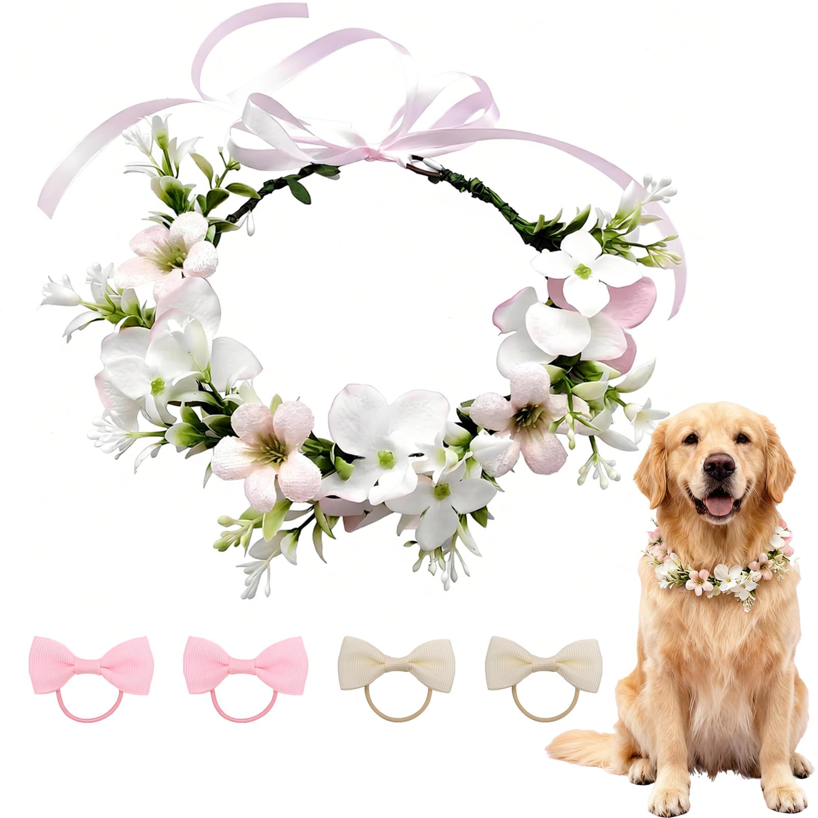 Papillon per Cane, Fiore Elegante con Fiori e Nastro, Adatto a Tutte Le Taglie di Cane, Regolabile, Perfetto per Matrimoni e Occasioni Speciali