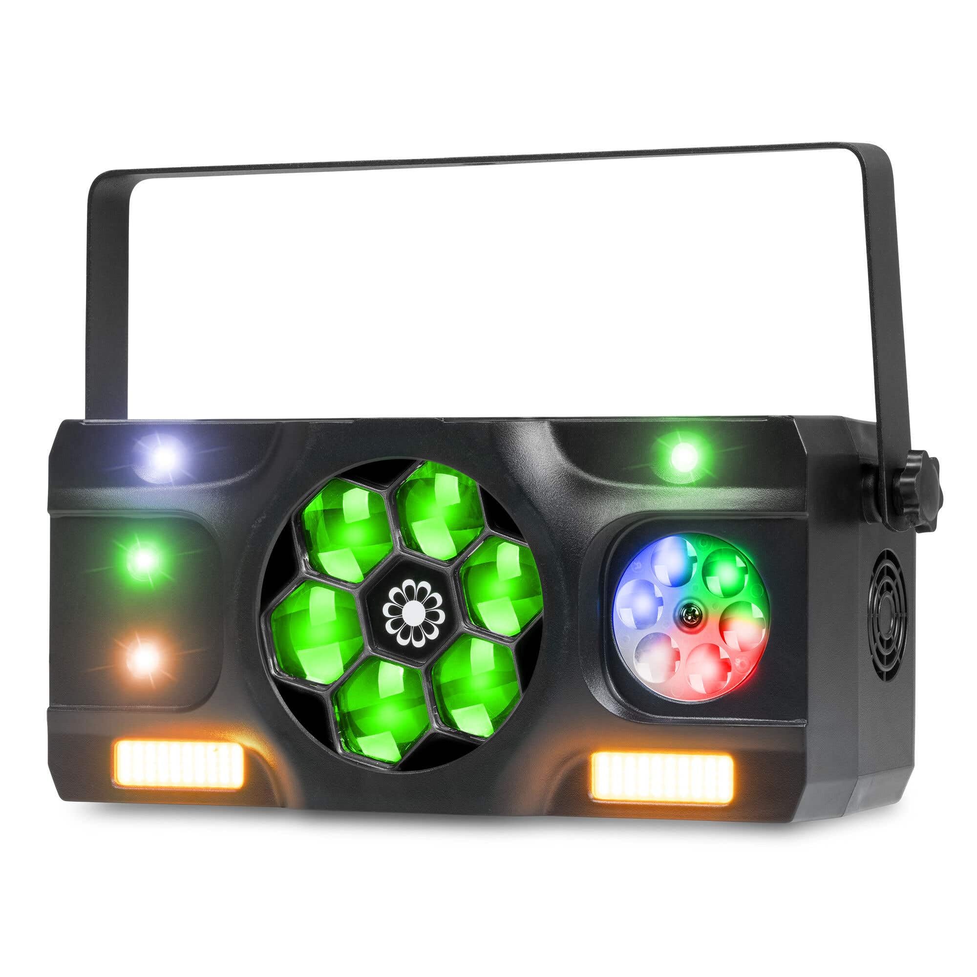 Fuzzix Stellar2 Jeu de Lumière LED Triple Effet, Derby RGBW, Gobo Rotatif & Stroboscope, Télécommande Incluse, Modes Auto & Musical, Éclairage DJ, Bars, Clubs et Événements Festifs