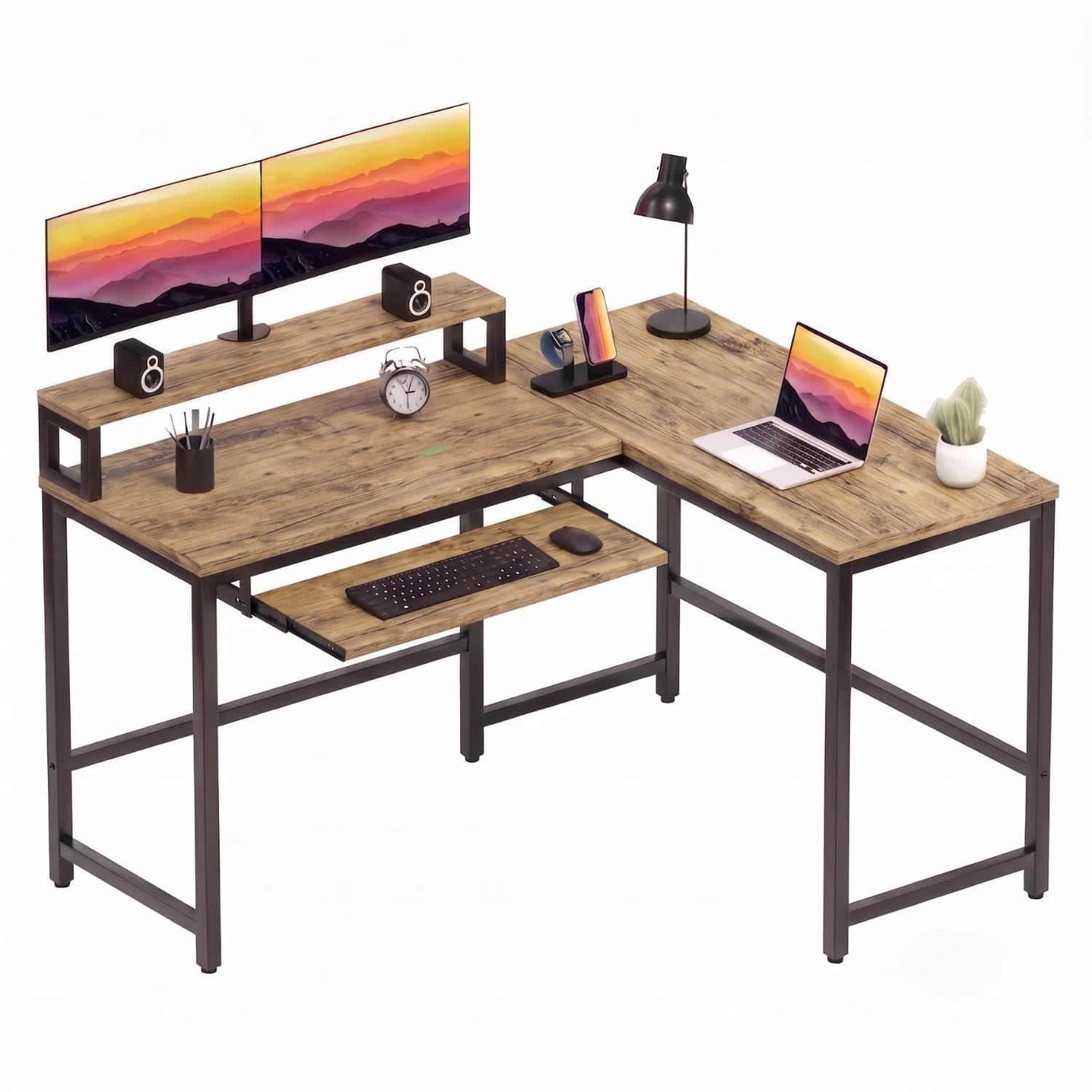 TEKAVO Eron L Shape Table for Home & Office | Heavy Duty Legs | Corner l Shape Desk with Monitor Riser, Keyboard Tray | Gaming Work Station Table for Home | 128 x 108 cm Long | Forest Wood | DIY-image-21