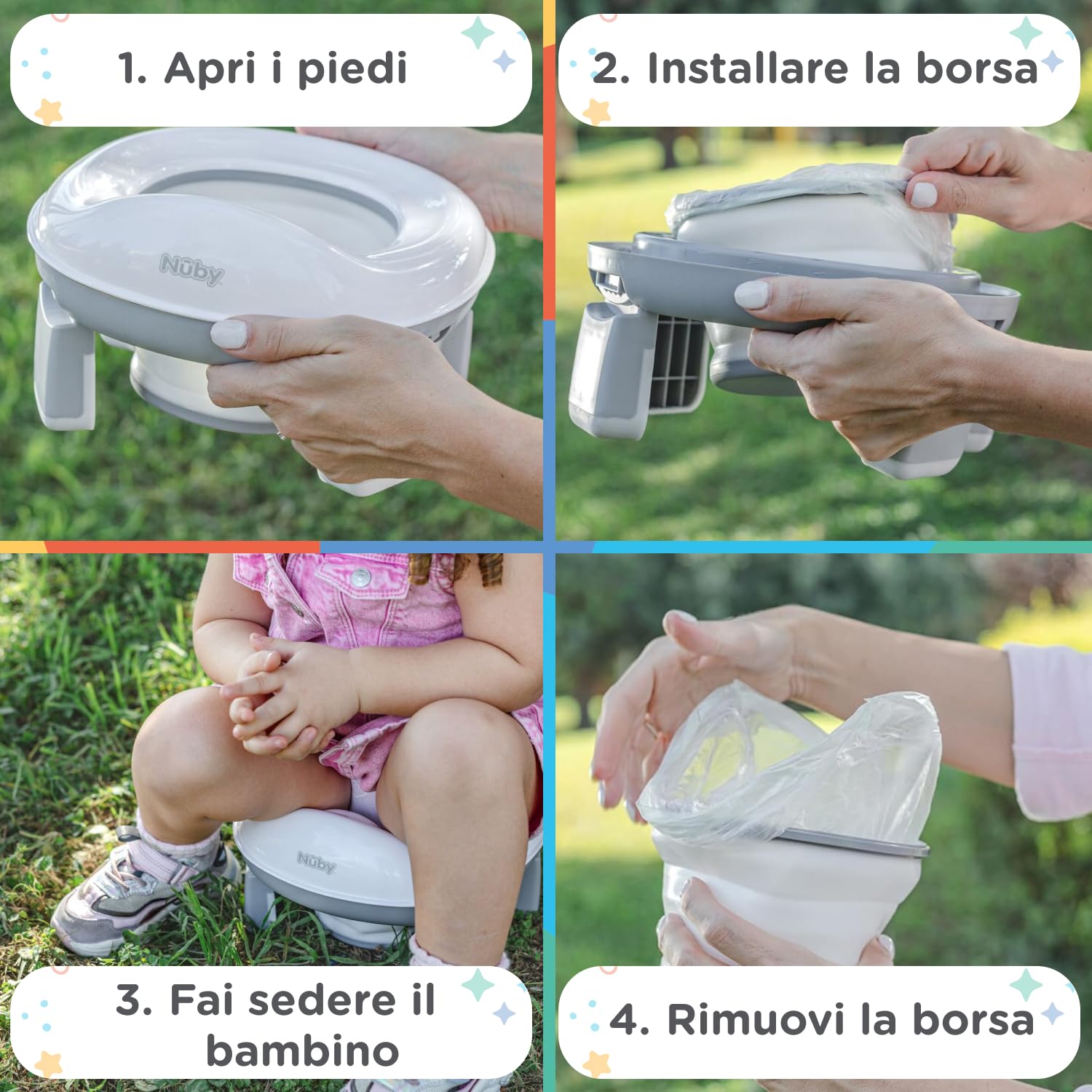 Nuby - Vasino portatile per bambini da viaggio - Wc portatile 2 in 1 Riduttore wc bambini o uso in autonomia - Con protezione paraschizzi e sacchetti usa e getta - Per imparare a usare il bagno