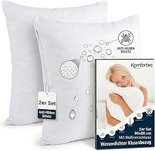 Komfortec Wasserdichter Kissenbezug 80x80 cm 2er Set mit Reißverschluss, Atmungsaktiv, Hypoallergen Kopfkissenbezüge 80x80, Anti-Milben, 2 Stück Kissenschoner 80x80, Weiß