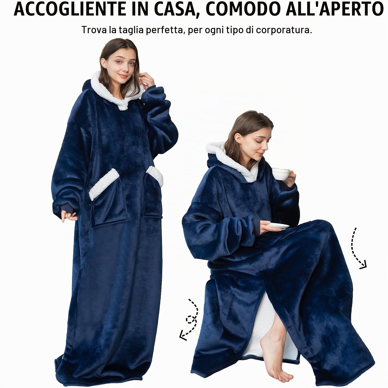 Emwwat Coperta extra lunga con cappuccio, oversize Sherpa con cappuccio per donne e uomini, coperta indossabile con maniche e tasca gigante