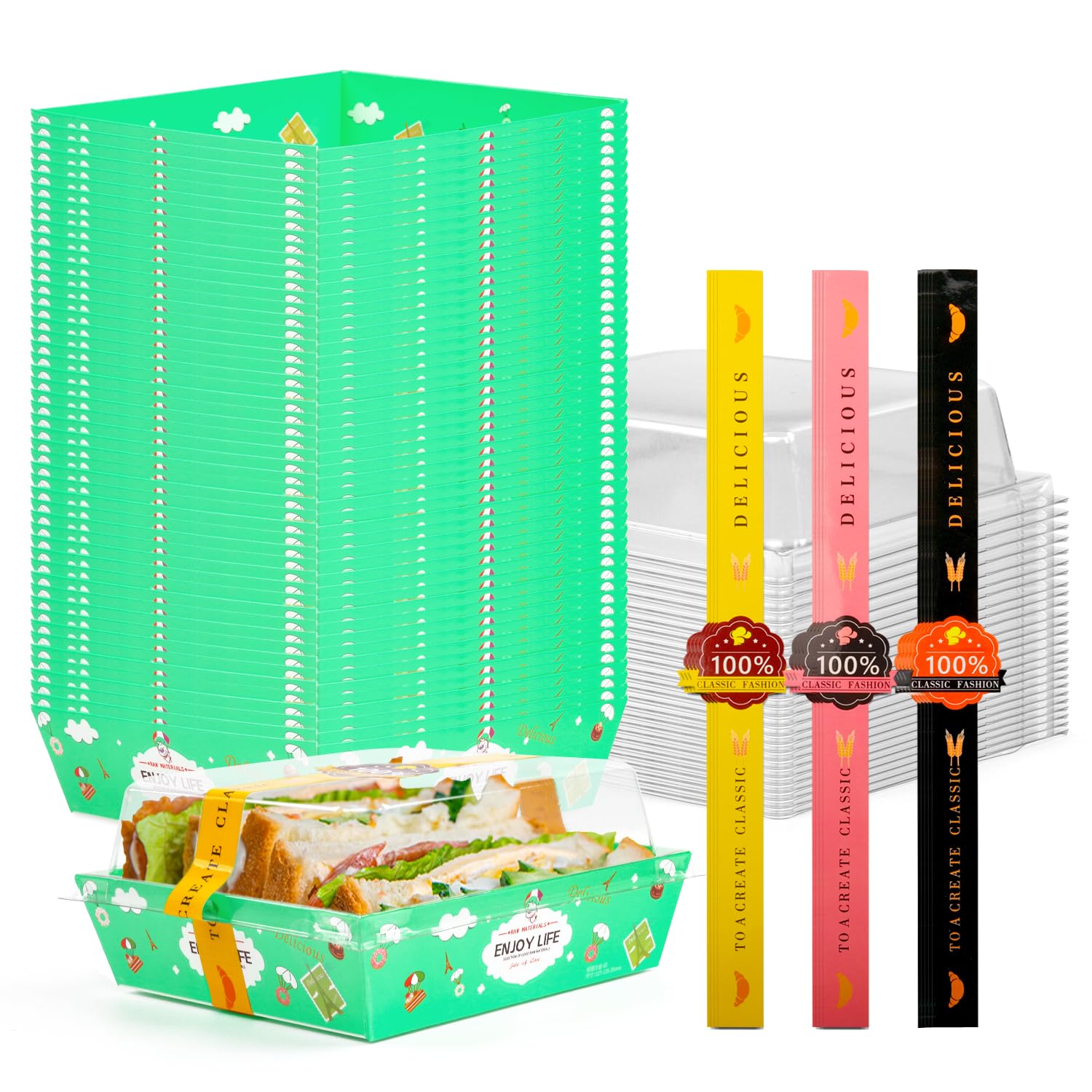 Mini Cake Box, 50 Pcs 4.5 Inch Clear Plastic Cupcake Container for Muffins, Cookies, Mooncakes - Small Single Dessert Holder for Wedding, Birthday (Green) - Bonus 50 Pcs Stickers