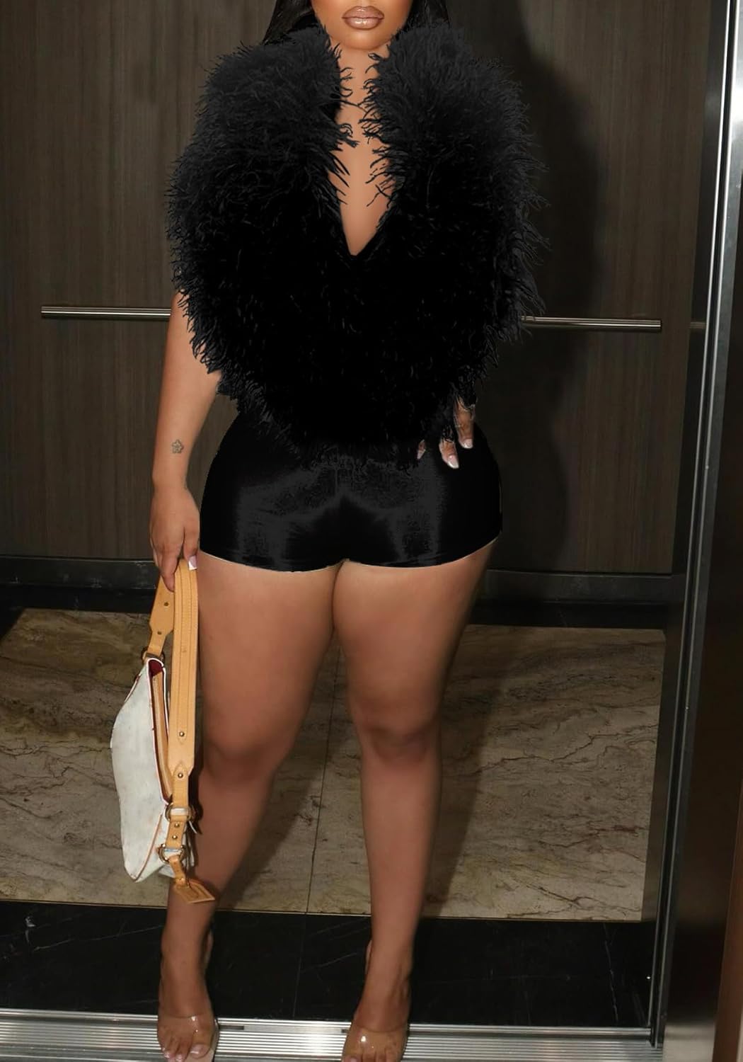 Women Furry Collar Backless Jumpsuits Sexy Club Going Out Outfits V Neck Sleeveless Halter Shorts Romper - Image 2