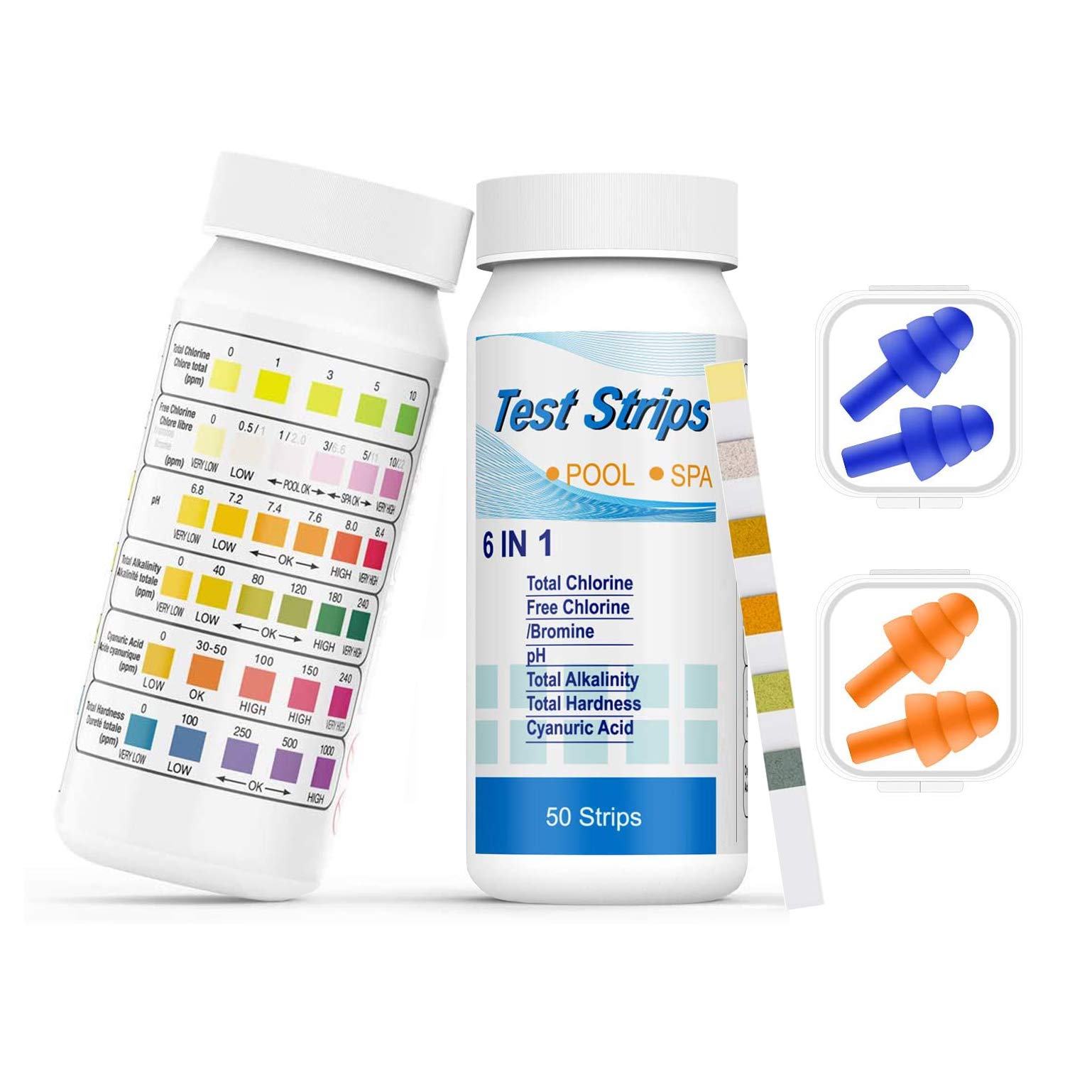 GeekerChip Pool Test Strips,100 Strips+2 Soft Silicone Ear Plugs,6 in 1 Pool Water Quality Test for Chlorine,pH,Alkalinity,Hardness,Acidity,Bromine