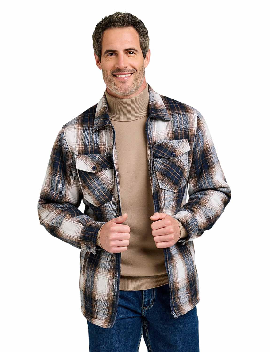 Pegasus Men's Navy Sherpa Lined Zip Overshirt Check Fleece With Padded Sleeves Xl