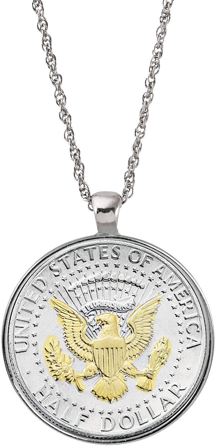 Selectively Layered in Gold Presidential Seal Half Dollar Coin Silvertone Pendant Necklace