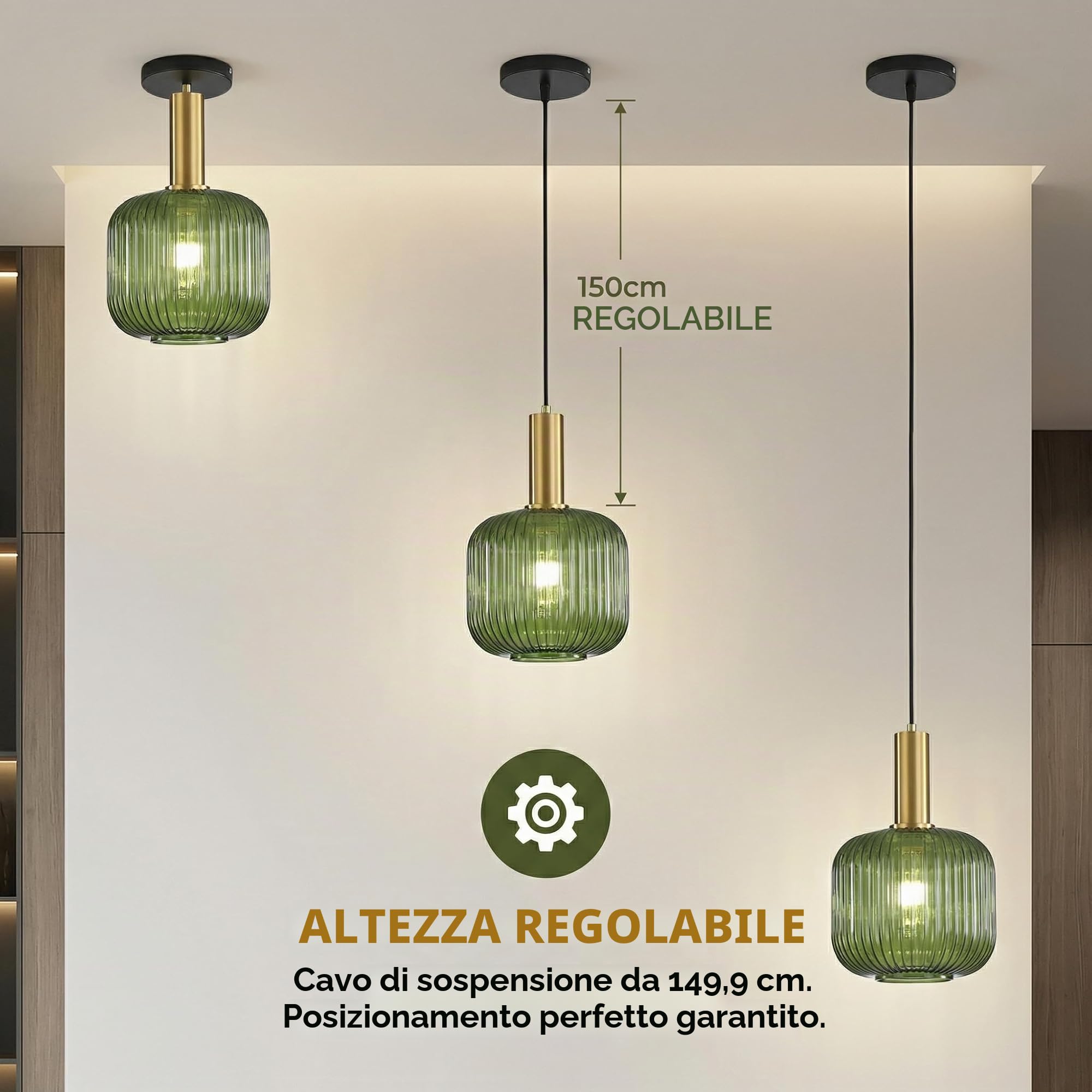Lampadario a sospensione industriale vintage in vetro a coste, lampada da soffitto moderna in ottone lucidato retrò per cucina salone camera da letto (Verde, 20cm)