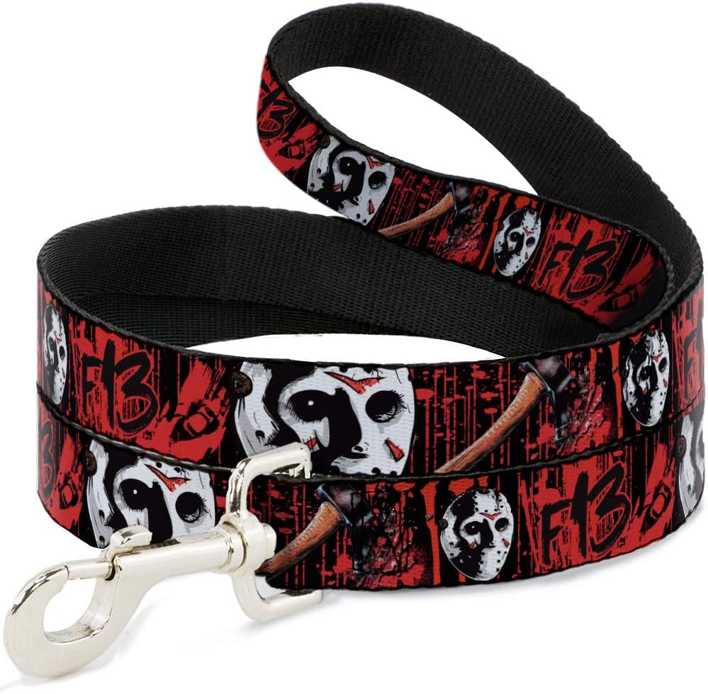 Warner Bros. Horror Movies Pet Leash, Dog Leash, Friday The 13th Jason Mask Axe Blood Splatter Black Red, 6 Feet Long 1.5 Inch Wide