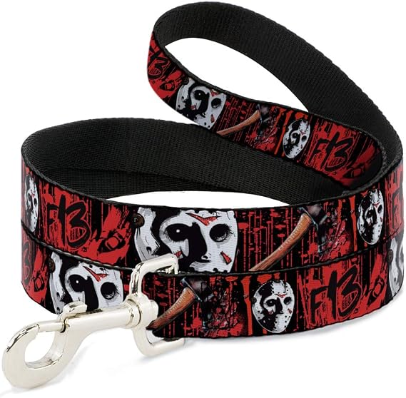Warner Bros. Horror Movies Pet Leash, Dog Leash, Friday The 13th Jason Mask Axe Blood Splatter Black Red, 4 Feet Long 1.5 Inch Wide