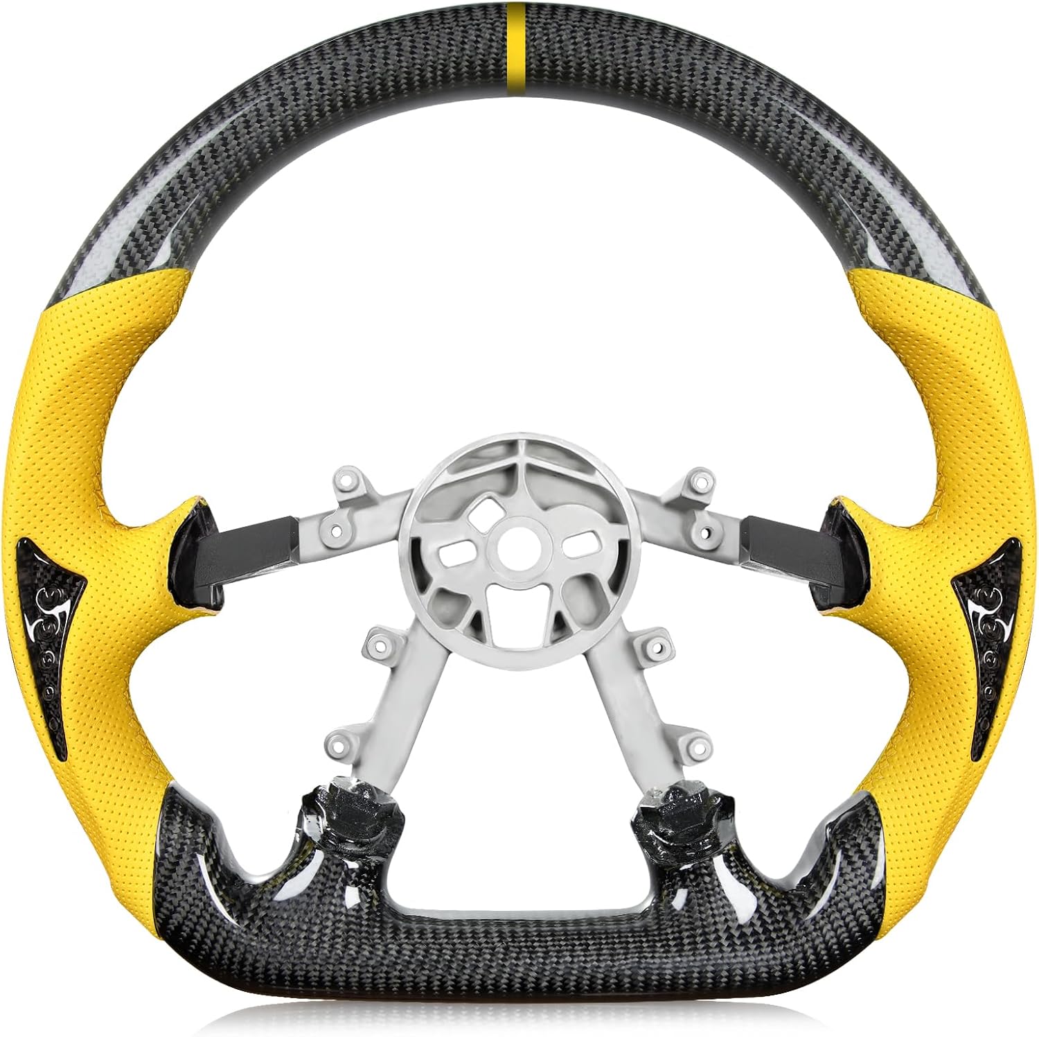 Real Carbon Fiber Steering Wheel for Corvette C5 1997-2004 Yellow Nappa Perforated Leather with Yellow Stripe&Stitching D-shaped Flat-bottom Steering Wheel for C5 Z06 Base