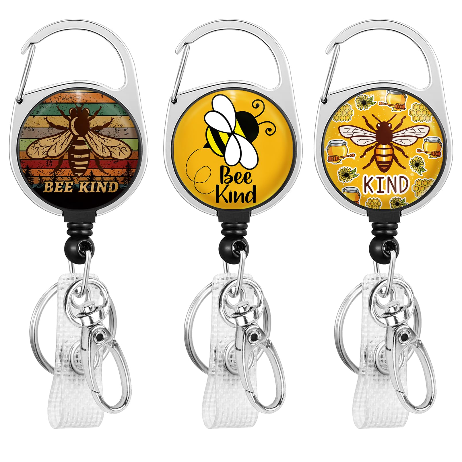 Gctriki 3 Pieces Badge Reels Retractable Heavy Duty with 360°Swivel Carabiner Clip, Cute Bee ID Badge Holder Retractable Keychain Work Name Badge Clip