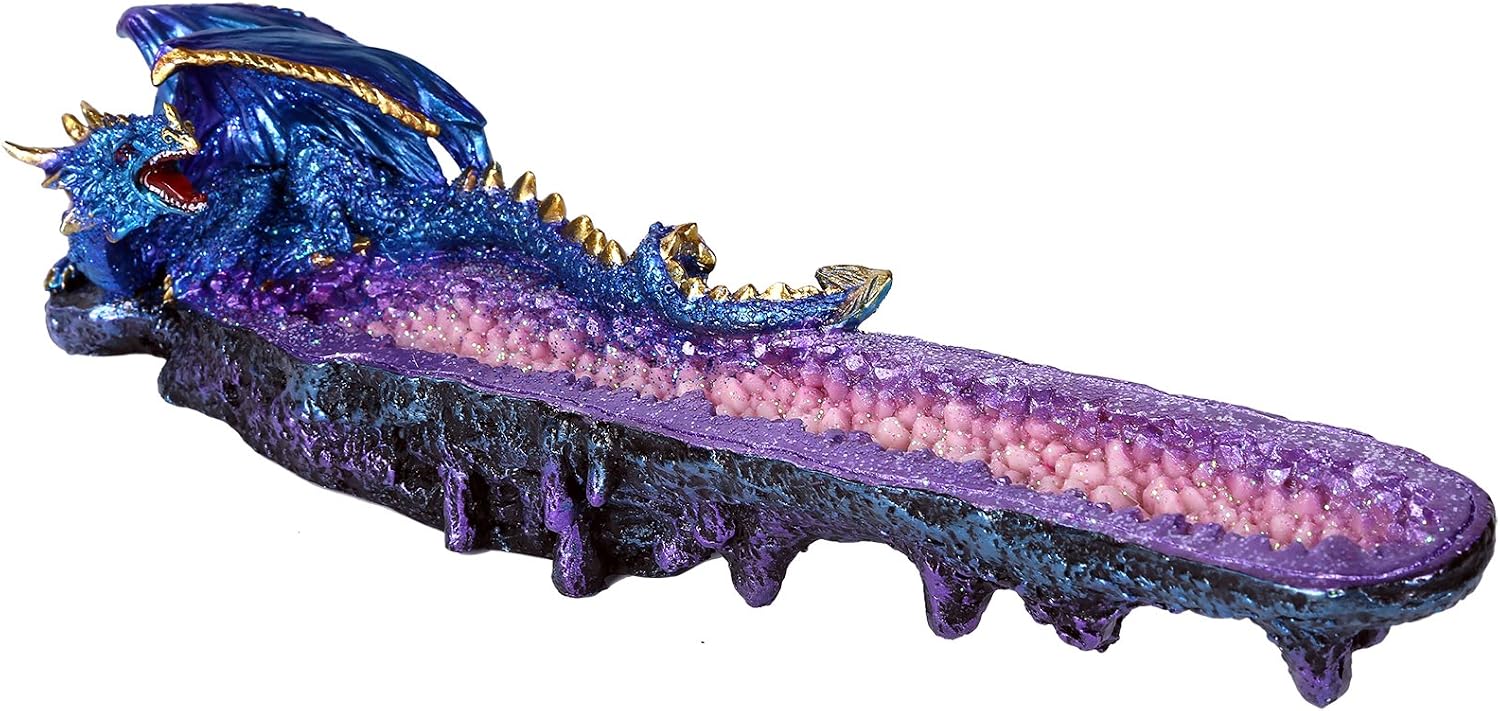 Pacific Giftware Blue Dragon on Amethyst Gemstone Quartz Stick Incense Burner Medieval Fantasy 10.75 Inch L