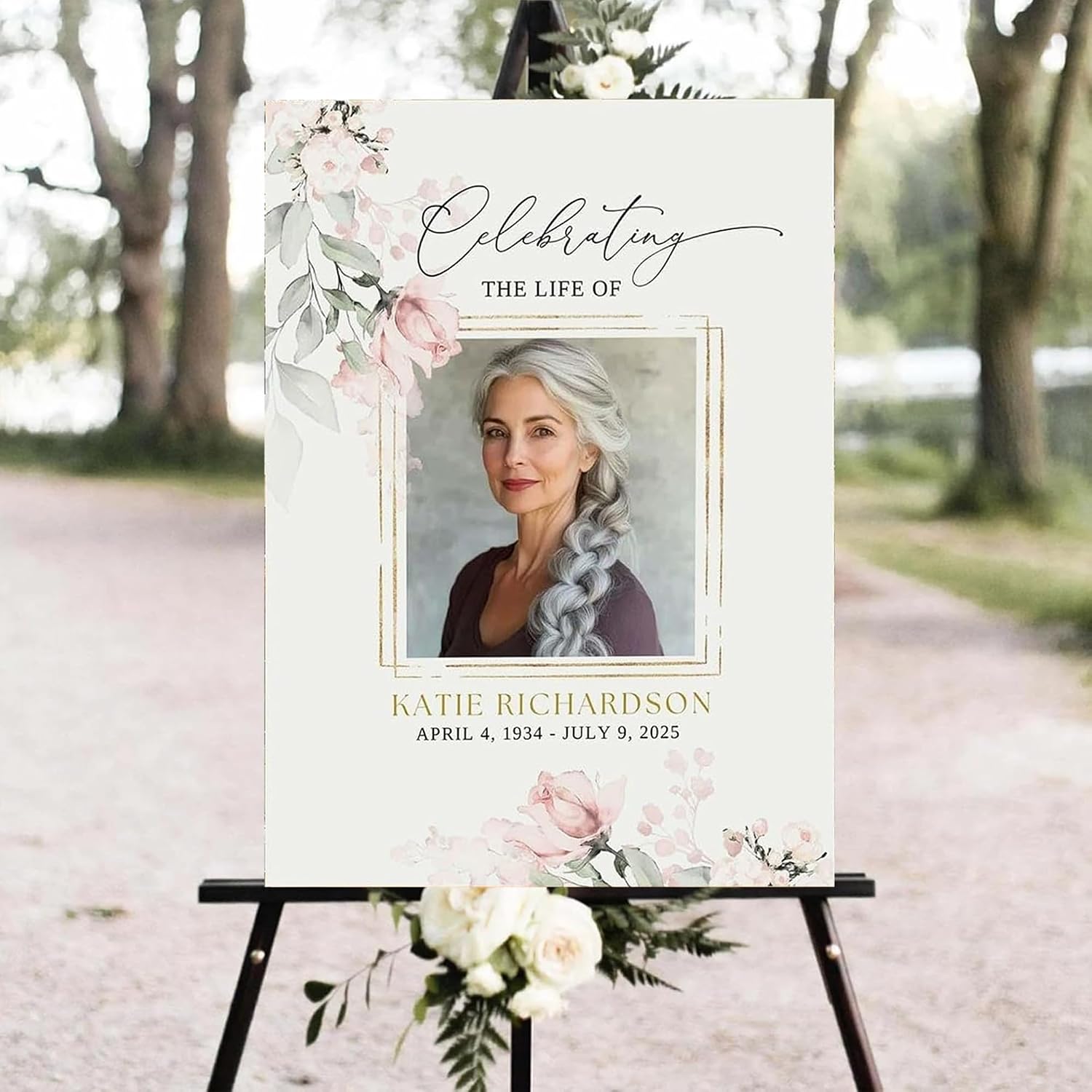 Personalized Pink Floral Funeral Celebration Of Life Welcome Sign, Roses Memorial Picture Board, Celebration Of Life Decoration Yard Sign, Outdoor Memorial Garden Decor, Celebration Life Party Ideas