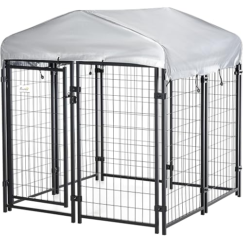 PawHut 4' x 4' x 4.5' Dog Playpen Outdoor, Dog Kennel Dog Exercise Pen with Lockable Door, Water-Resistant Canopy, for Small and Medium Dogs