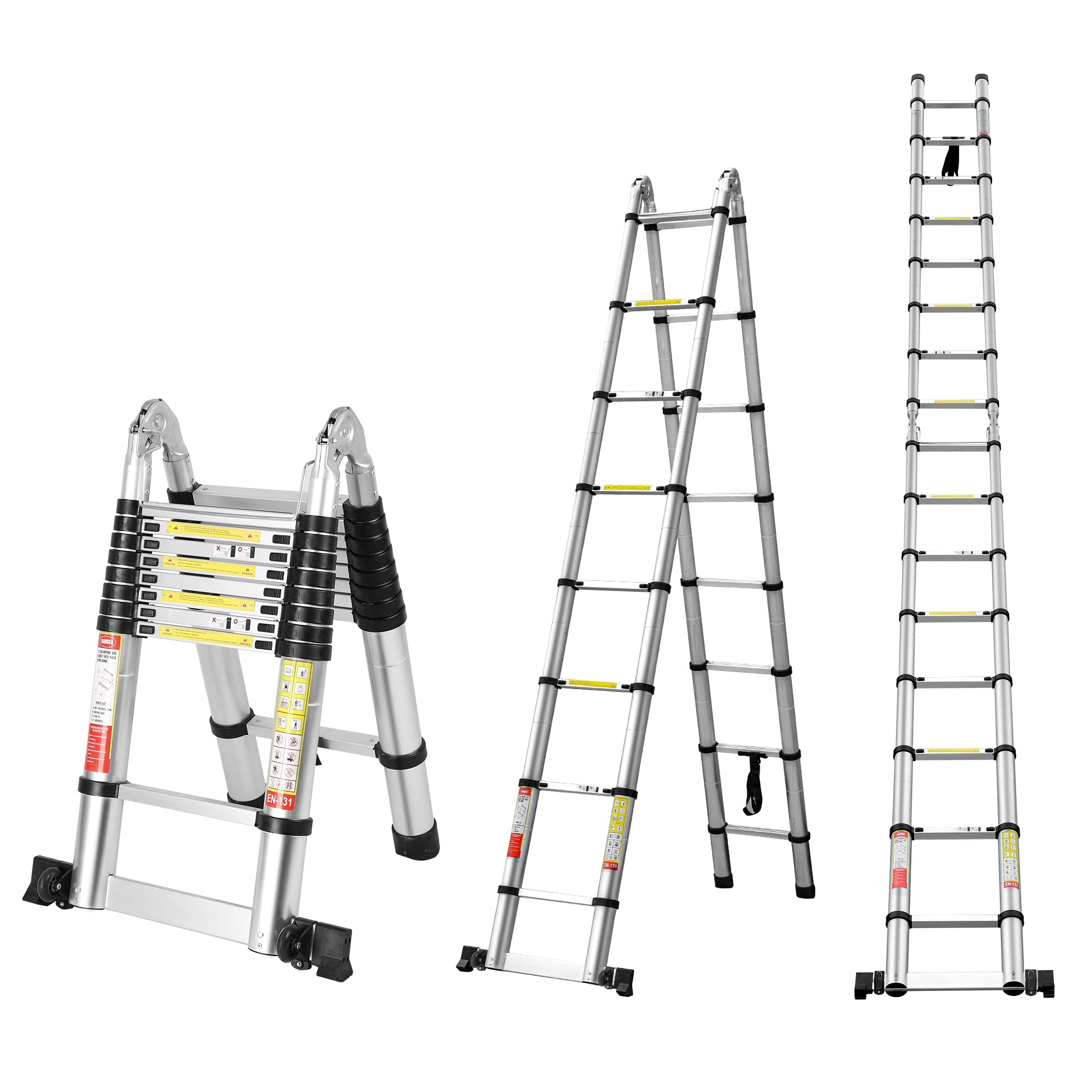 FEETE 16.5FT A Frame Telescoping Ladder, Lightweight Extension Ladder w/Balance Bar & Movable Wheel, Compact Ladder, 330lbs Capacity Telescopic Ladder, RV Collapsible Ladder for Household, Outdoor