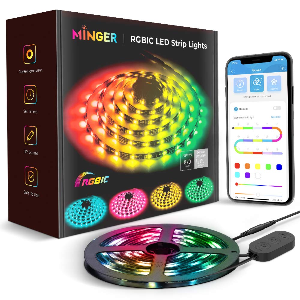MINGER DreamColor LED Strip Lights, Smart Music Sync Light Strip Phone App Controlled Waterproof for Party, Room, Bedroom, TV, Gaming with Brighter 5050 LEDs and Strong Adhesive Tape (16.4Ft)