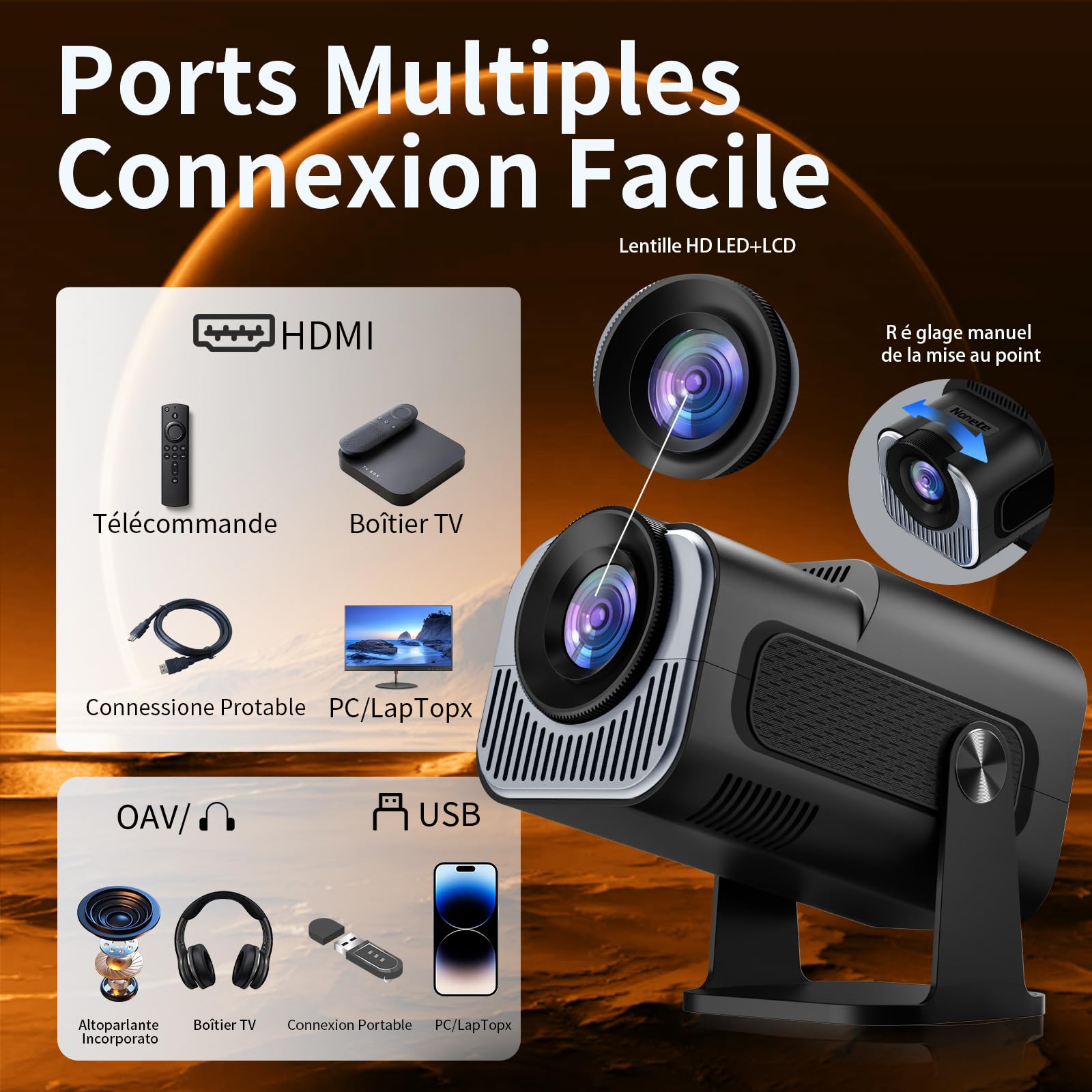 Vidéoprojecteur 4K 1080P Mini Projecteur avec WiFi 6 et Bluetooth 5.2 Projecteur Trapézoïdale Automatique, 270° RotationSupporte HDMI/TVStick/Memory Stick/Laptop, Noir