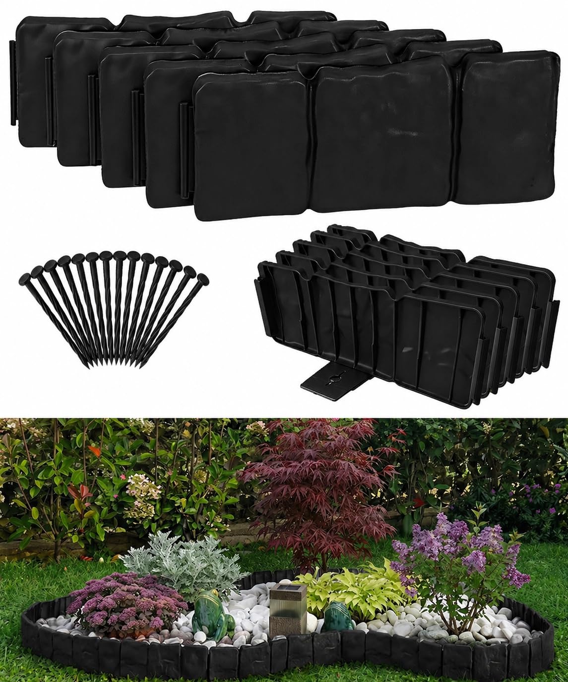 Stone Effect Garden Edging Border, 2.5m/8FT L- 10cm Tall Flexible Plastic Lawn Border Decorative Landscape Edge for Outdoor Tree Yard Path,No Digging Flower Bed Fence with Fixing Stakes-10Pcs Black