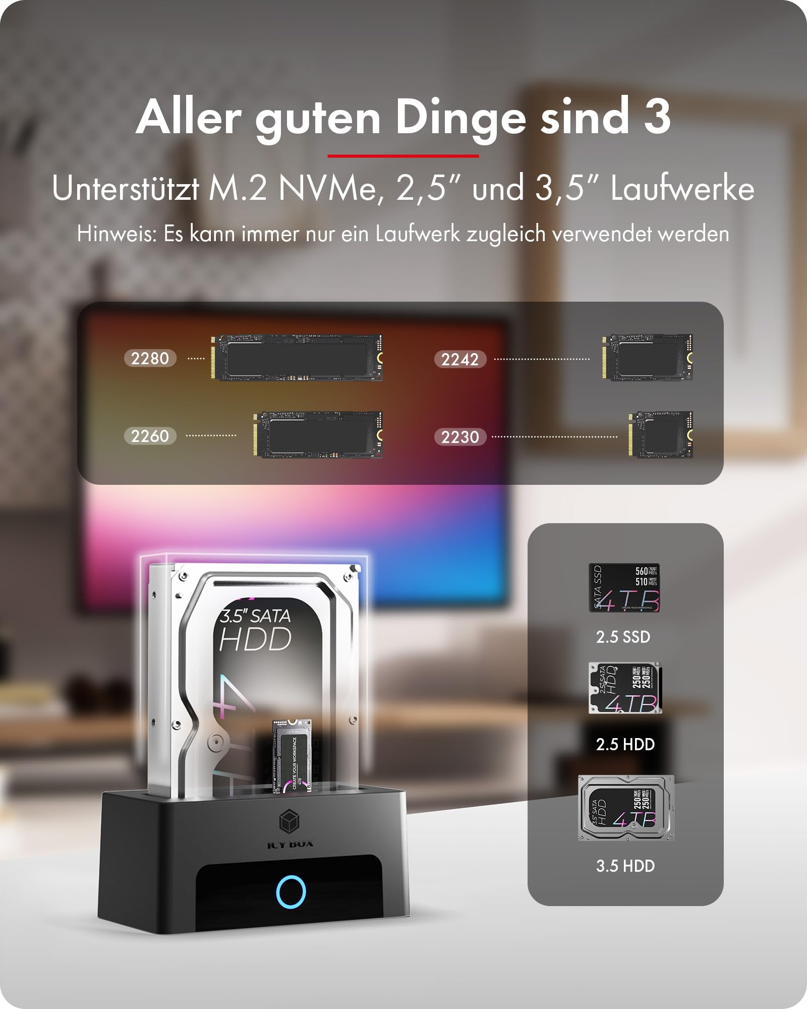 ICY Box Docking Station für M.2 NVMe & 2,5"/3,5" HDD/SSD, USB 3.2 Gen 2 Type-C (10 Gbps), HotSwap, UASP, SATA & NVMe Dock für SSD und Festplatten, IB-1123M-CU31, Spade Dock 1123
