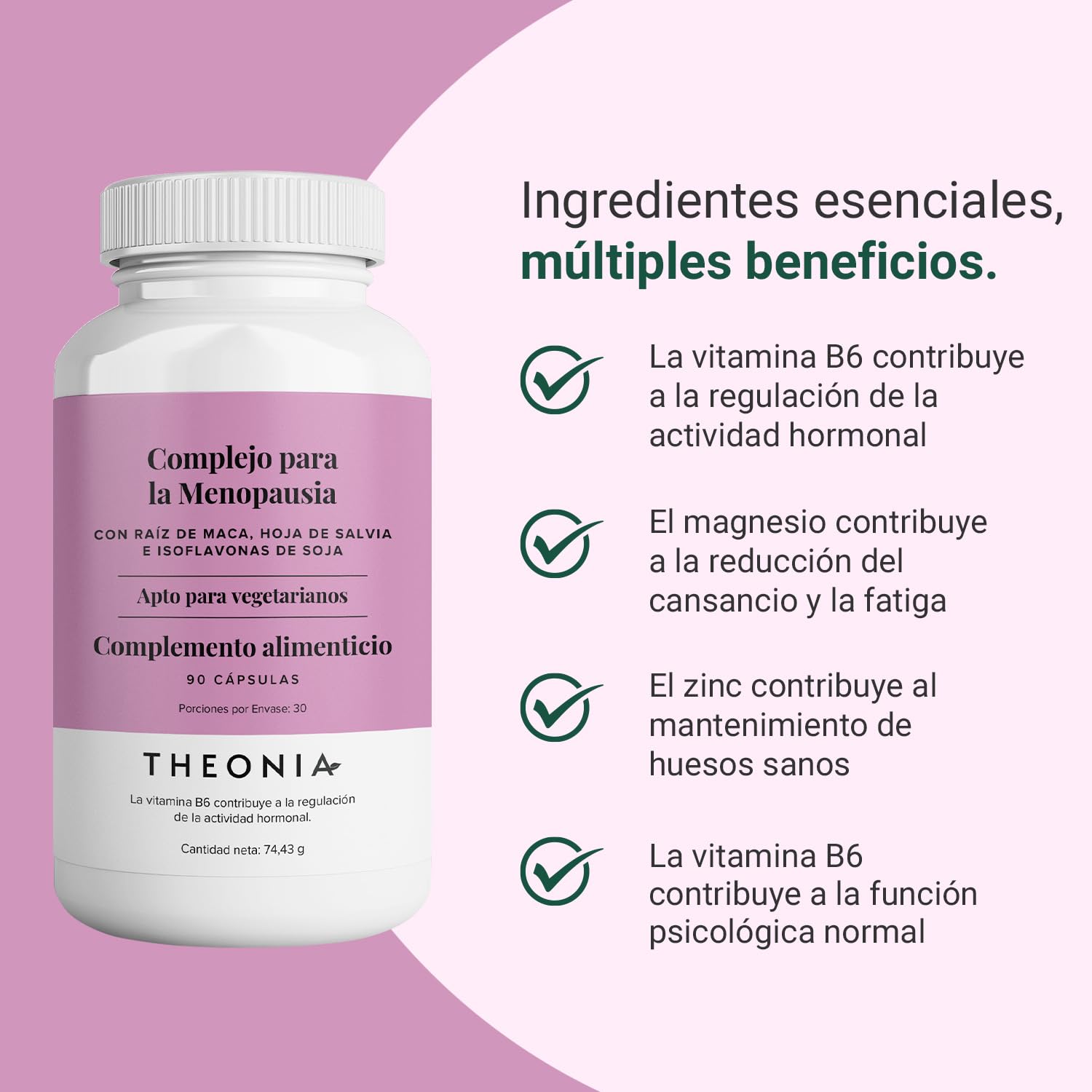 Theonia Complejo Menopausia Suplemento para Mujeres | Vitamina B6 para Regulación Hormonal, Magnesio y Zinc - Maca, Salvia, Dong Quai - 60 Cápsulas Vegetarianas