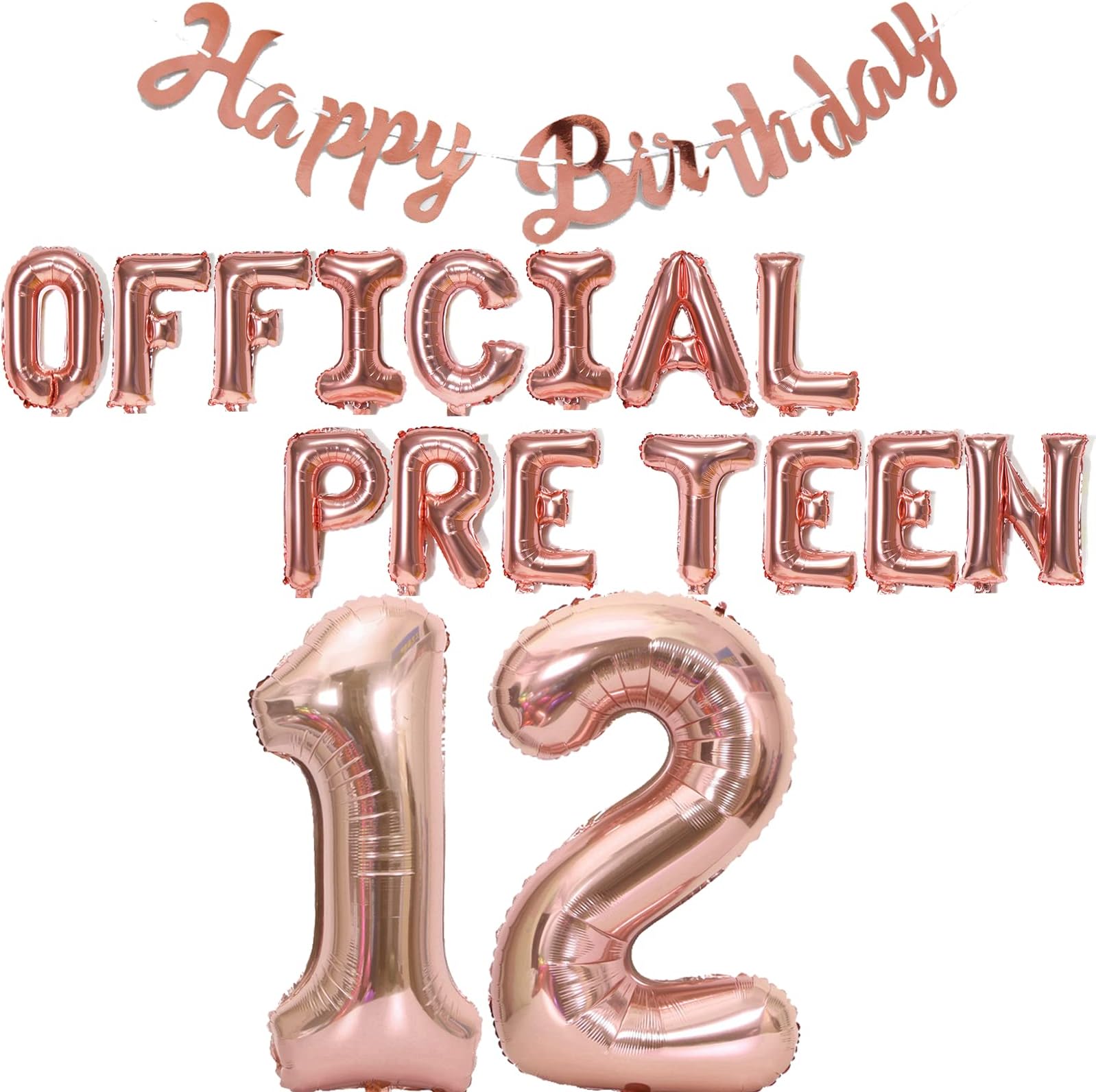 JumDaQQ 12th Birthday Decorations for Girls, Official Pre-Teen 12th Birthday Balloon 12th Birthday Banner Number 12 Foil Balloons for Her 12 Years Old Birthday Daughter Supplies Girls(Rose gold)