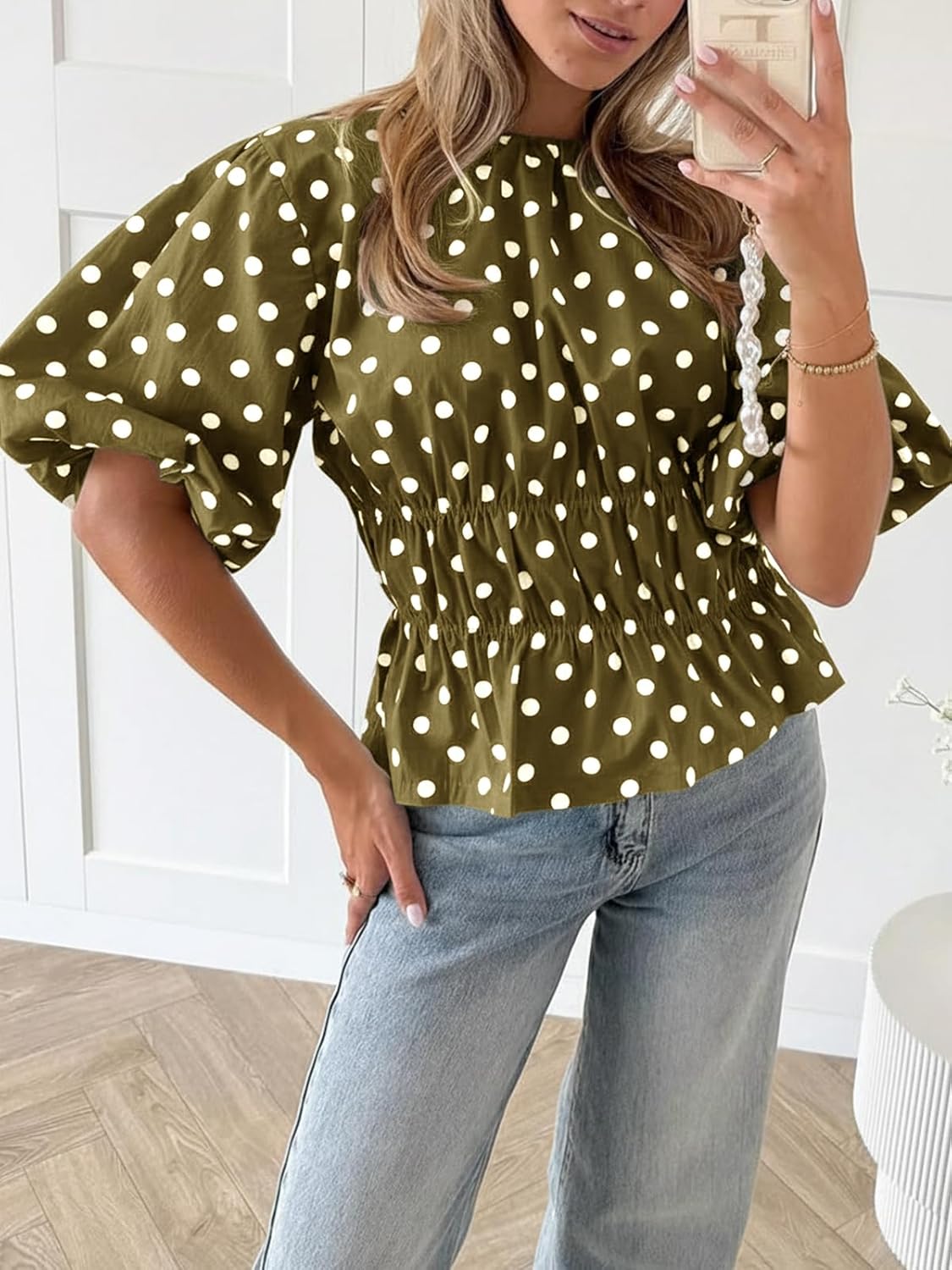 Cicy Bell Womens Polka Dots Peplum Tops Summer Puff Short Sleeve Round Neck Blouses Trendy Casual Shirts - Image 3