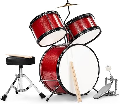 14-Inch Kids Drum Set, 3-Piece Junior Beginner Drum Set for Kids with Cymbal, Adjustable Stool, Two Pairs of Drumsticks, Pedal & Screw Wrench Red