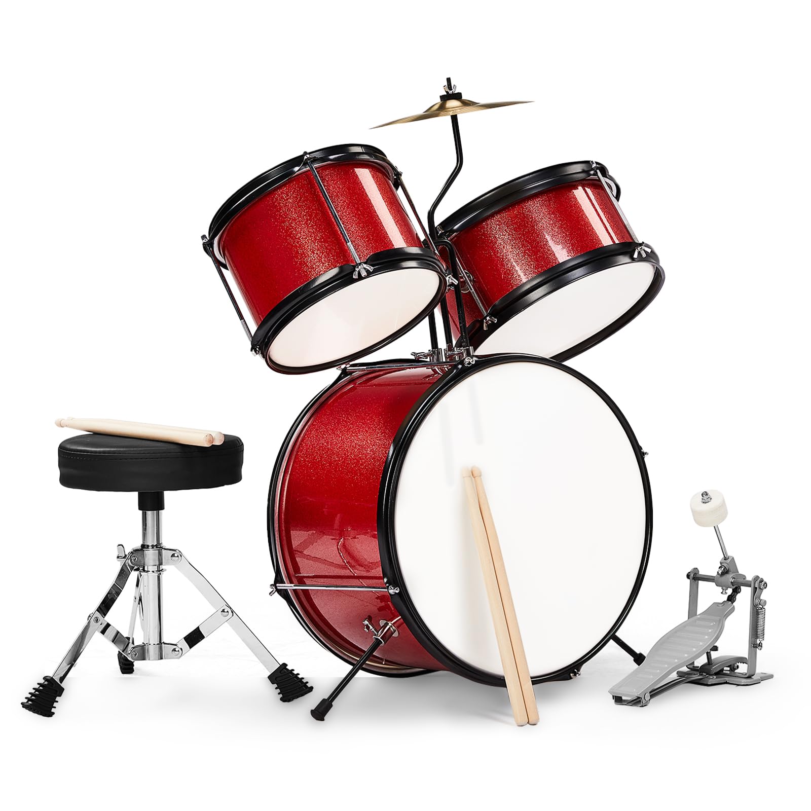 35.6 cm Kids Drum Set, 3-teiliges Junior Anfänger Schlagzeug Set für Kinder mit Becken, verstellbarem Hocker, zwei Paar Drumsticks, Pedal & Schraubenschlüssel - Rot
