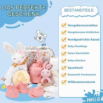 Newborn Gift 12-in-1 Baby Gift Set for Boys Girls Baby Blanket Comforter Wooden Rattle Bib Socks in Gift Box Baby Birth Gift Baby Shower (Pink)