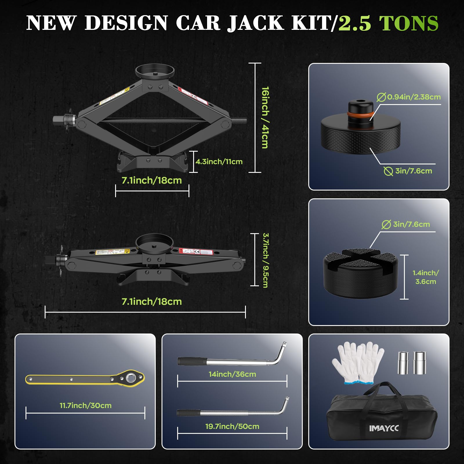 IMAYCC Nuevo Gato para Coche 2.5T/2500kg, Kit de Gato Coche Universal con 2 Piezas Bloque de Goma, Portátil Kit de Emergencia con Llave de Tuercas de Rueda para SUV MPV Tesla