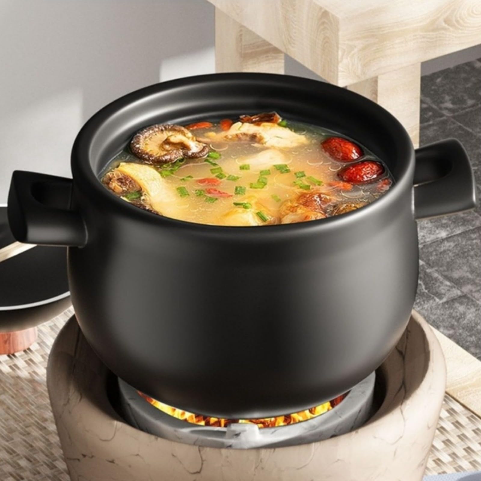 Casseruola in argilla nera, 3,6 l, resistente al calore, per stufe a gas, finitura smaltata