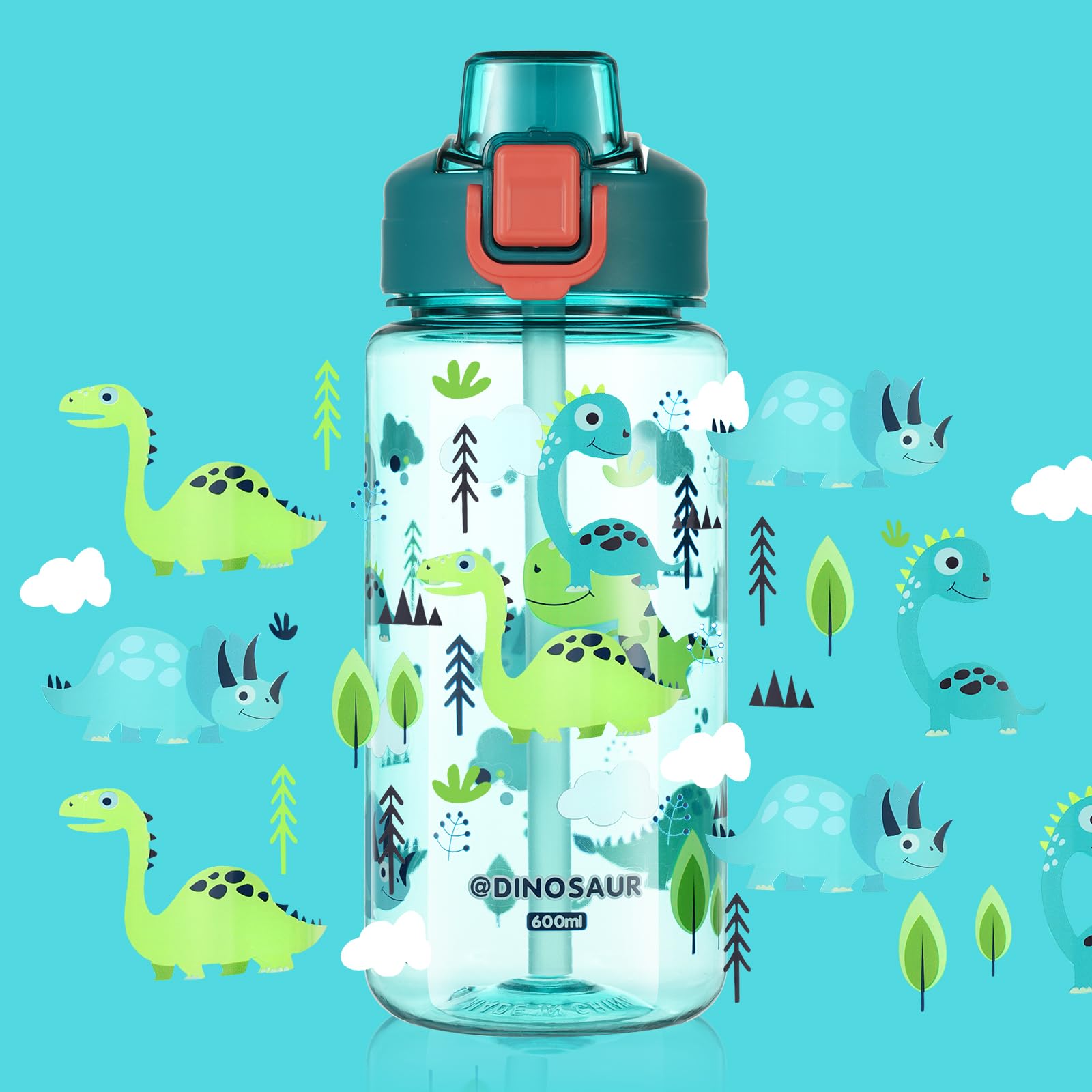 flintronic Botella de Agua Niños y Niñas, Niños Botellas Agua, Botella de Agua Pajita para Infantil, Sin BPA, Sin Fugas, Reutilizable, 600ml, Plástico -dinosaurio azul