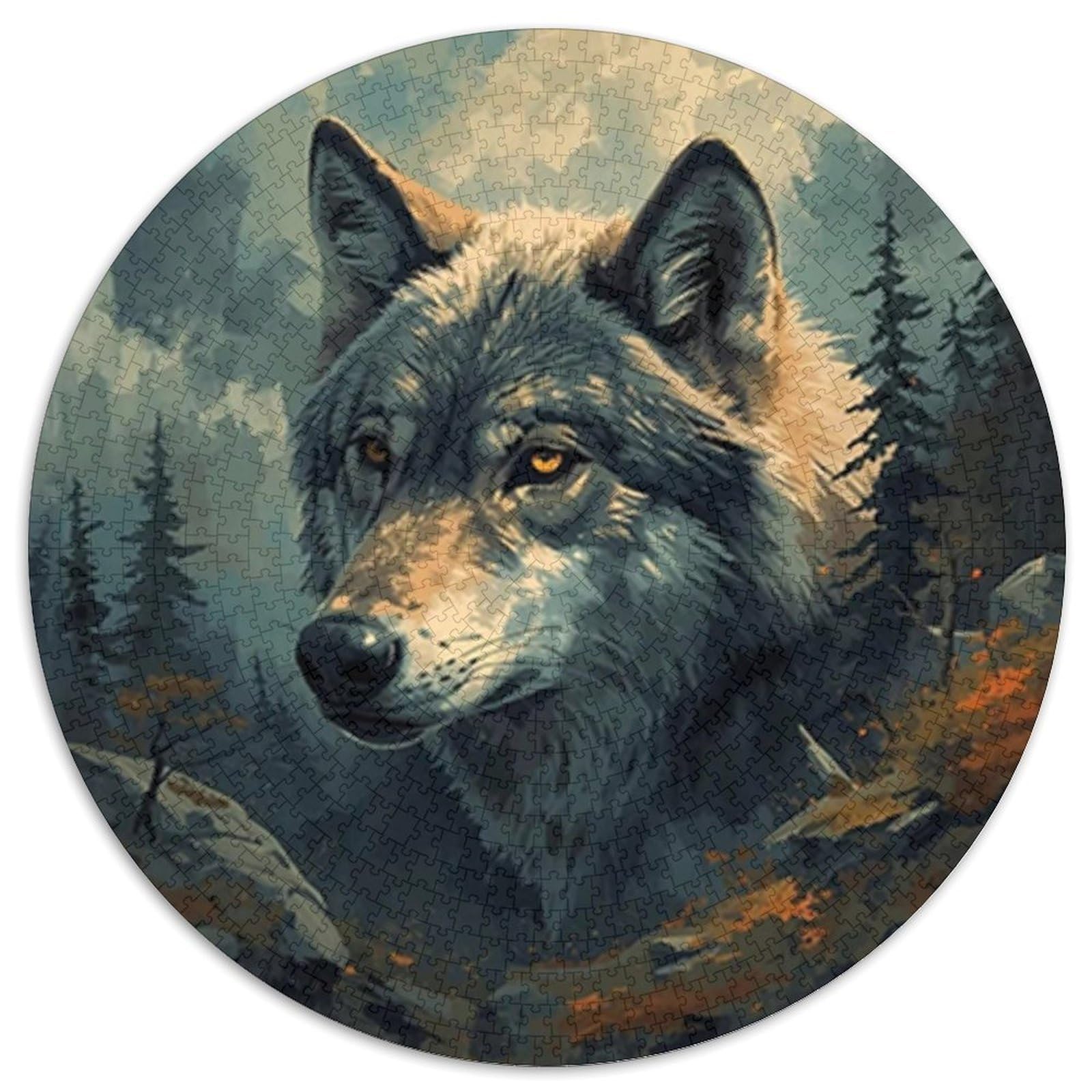 Puzzle de 1000 piezas circular con ilustración de lobo de papel resistente 7