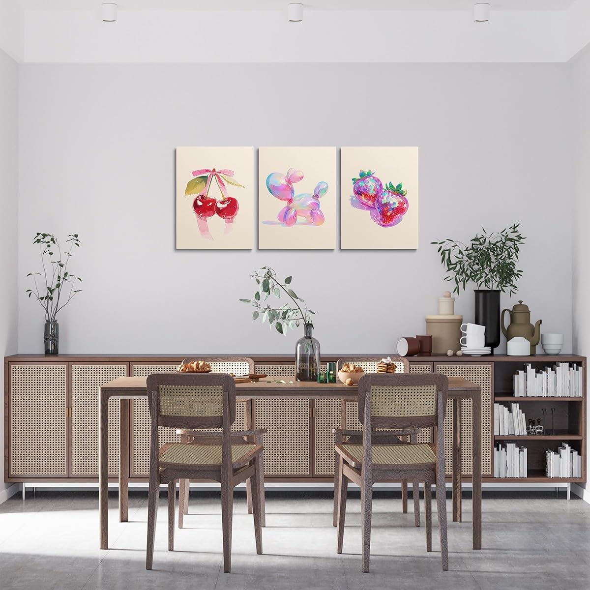 Cute Pink Canvas Wall Art Set Of 3, Vintage Disco Strawberry And Bowknot Cherry Wall Decorations, Preppy Balloon Dog Poster Prints Coquette Fruit Pictures For Girls Room Framed 12X16Inchx3Pcs