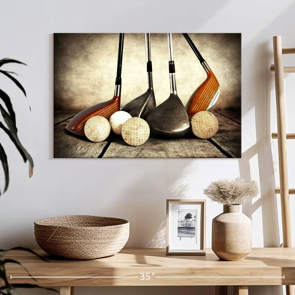 ElephantStock Golf Sets Canvas - 1 Panel Sports Wall Decor - Silver-Yellow Canvas Art - Vintage Sports Wall Decor for Men - 24" X 16"