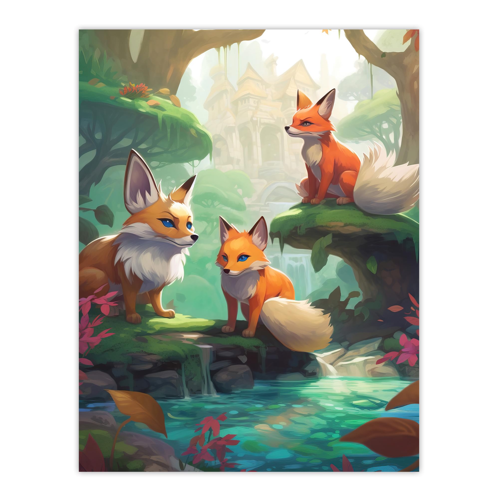 Artery8 Three Kitsune Fox Spirits Painting Orange Pink Green Blue Playful Mythical Creatures Perched By River in Lush Forest Landscape Large Wall Art Poster Print Thick Paper 18X24 Inch