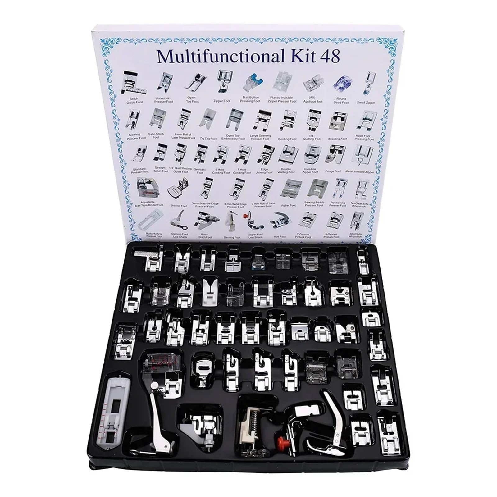 Sewing Feet Sewing Machine Presser Foot Press Kit For Braiding Blind Stitch OverLock Zipper Roller Ruler Parts(Press foot 48pcs)