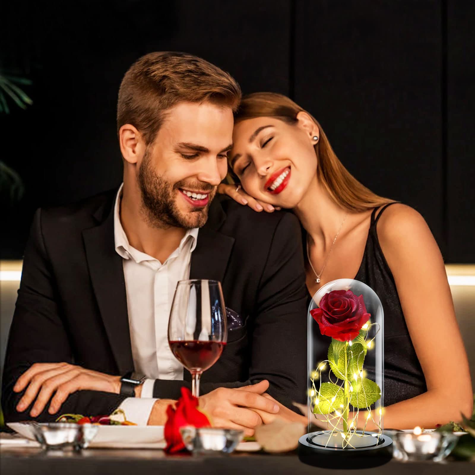 Rosa Eterna, Kit Elegante Con Cúpula de Cristal, Base Pino, Luces LED y Tarjeta de Felicitación - Bella y Bestia Para San Valentín, Día de Madre, Boda