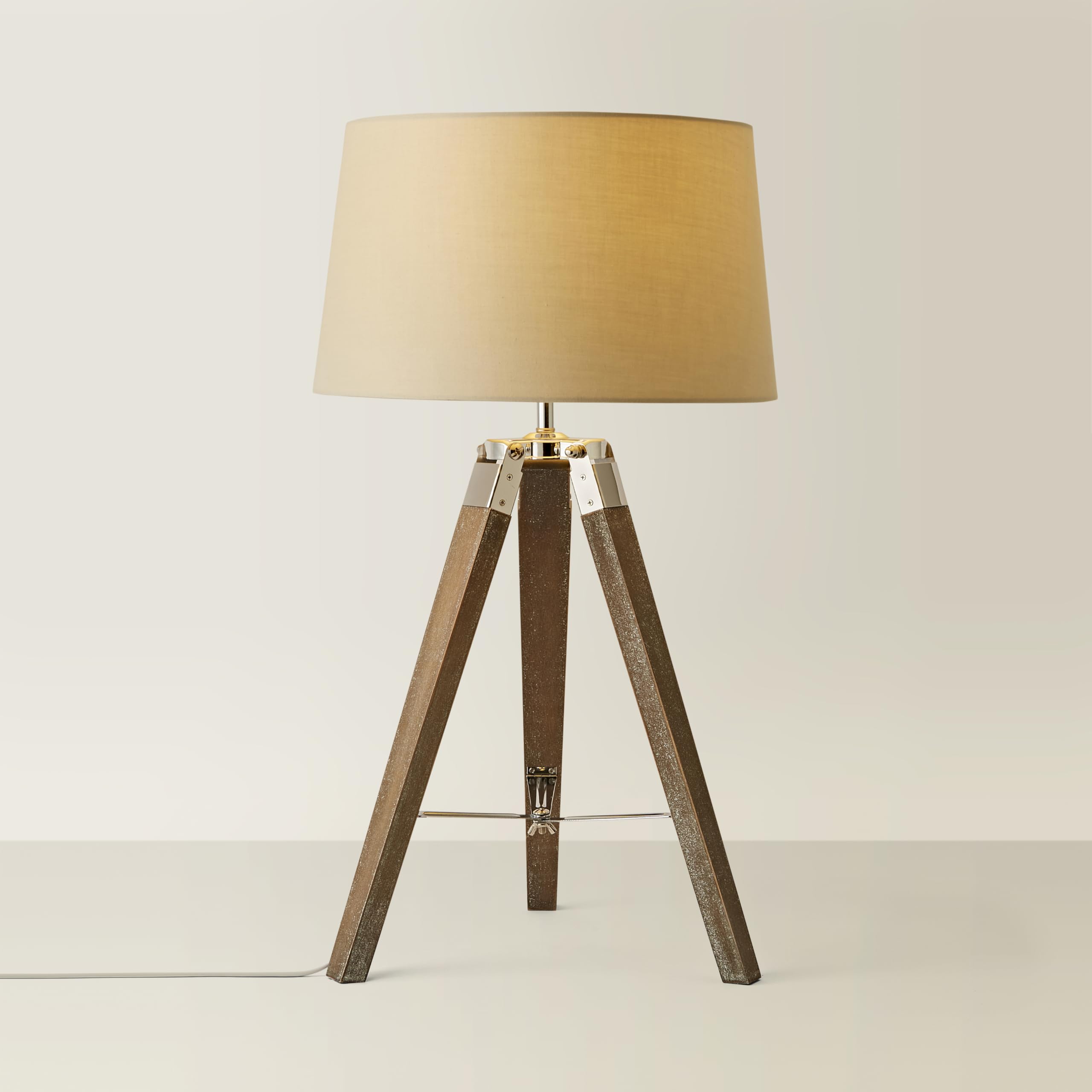 MiniSun | Modern Distressed Wood and Silver Chrome Tripod Table Lamps with Beige Tapered Light Shades | Home Décor, Bedside & Desk Lamp
