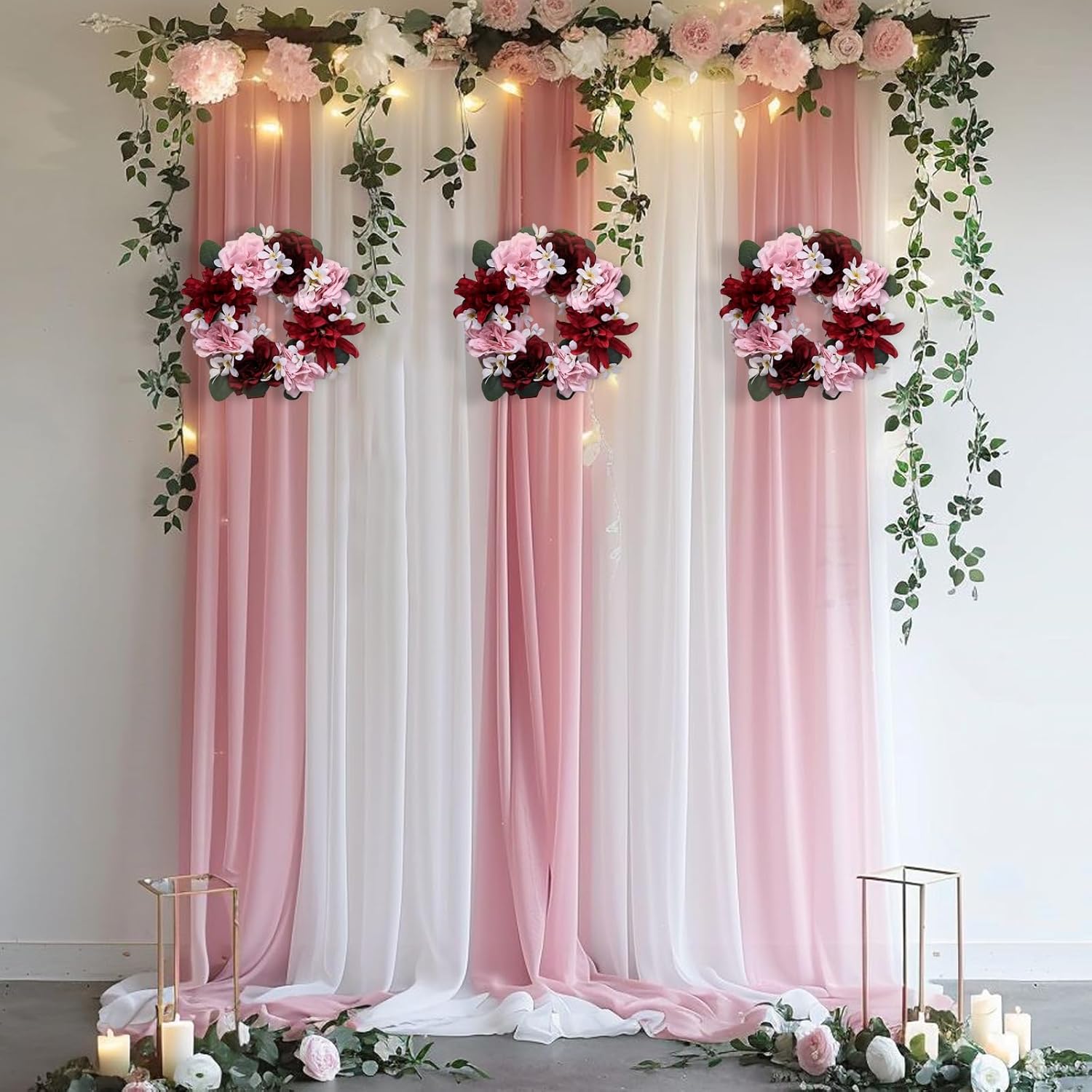 Artificial Flower Candle Rings - 6 Inch Inner Rose Floral Wreaths with Butterflies for Wedding Bridal Event Table Centerpieces Backdrop Decorations (Burgundy & Pink, 6 X Candle Rings)