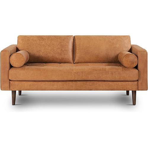 Poly & Bark Napa Leather Couch - 72 Inch Apartment Sofa with 2 Bolsters - Full-Grain Leather Sofa for Living Room with Feather-Down Topper - Living Room Couch - Vintage Italian Leather in Cognac Tan