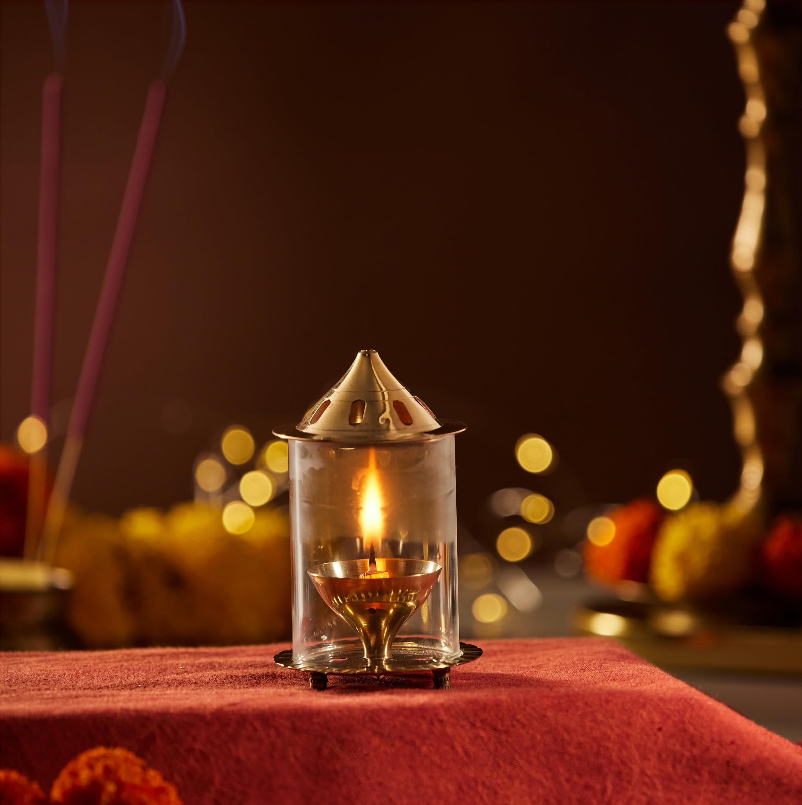 Amazon Brand - Solimo Akhand Diya/Oil Lamp with Glass Cover for Puja, Home Décor and Diwali, Brass (Small) 2