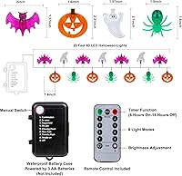 Vista 3 de Luces de Halloween, 20 pies, 40 luces LED de calabaza, fantasma, murciélago, araña, funciona con pilas, con temporizador, 8 modos de iluminación